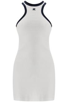 courreges white cotton mini dress with navy blue details and halter neck