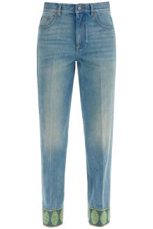 valentino garavani medium blue jeans with green embroidery, straight leg, high waist