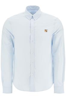 maison kitsune light blue cotton shirt with mini fox embroidery